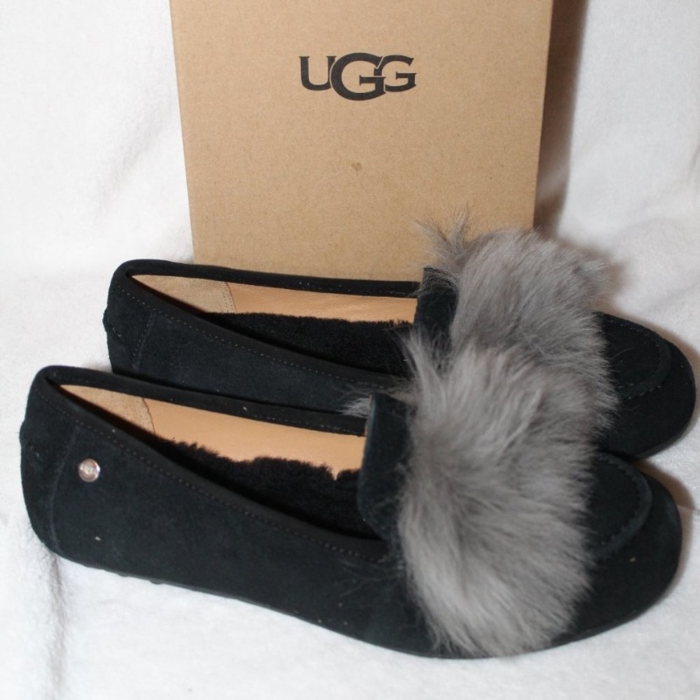 UGG Kaley Wisp Pom Suede Shearling Flats Slipper Black Gray size 7